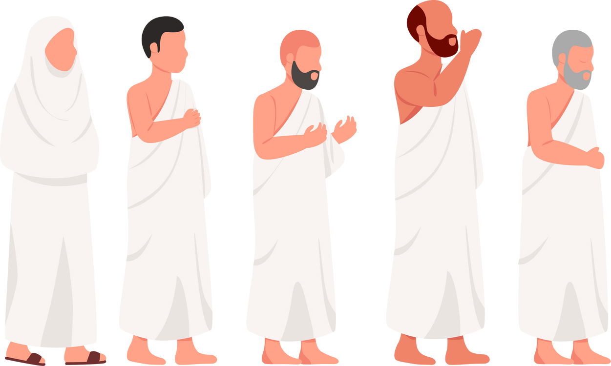 Muslim People Wearing Ihram, Practicing Hajj and Umrah Islamic Pilgrimage to Mecca Flat Illustration